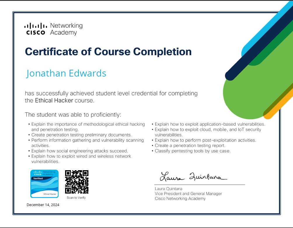Cisco Ethical Hacking certificate